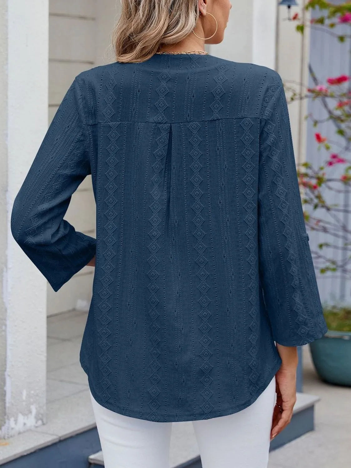 Blouse Top Eyelet Roll-Tab Sleeve Chic Split Neck Boho