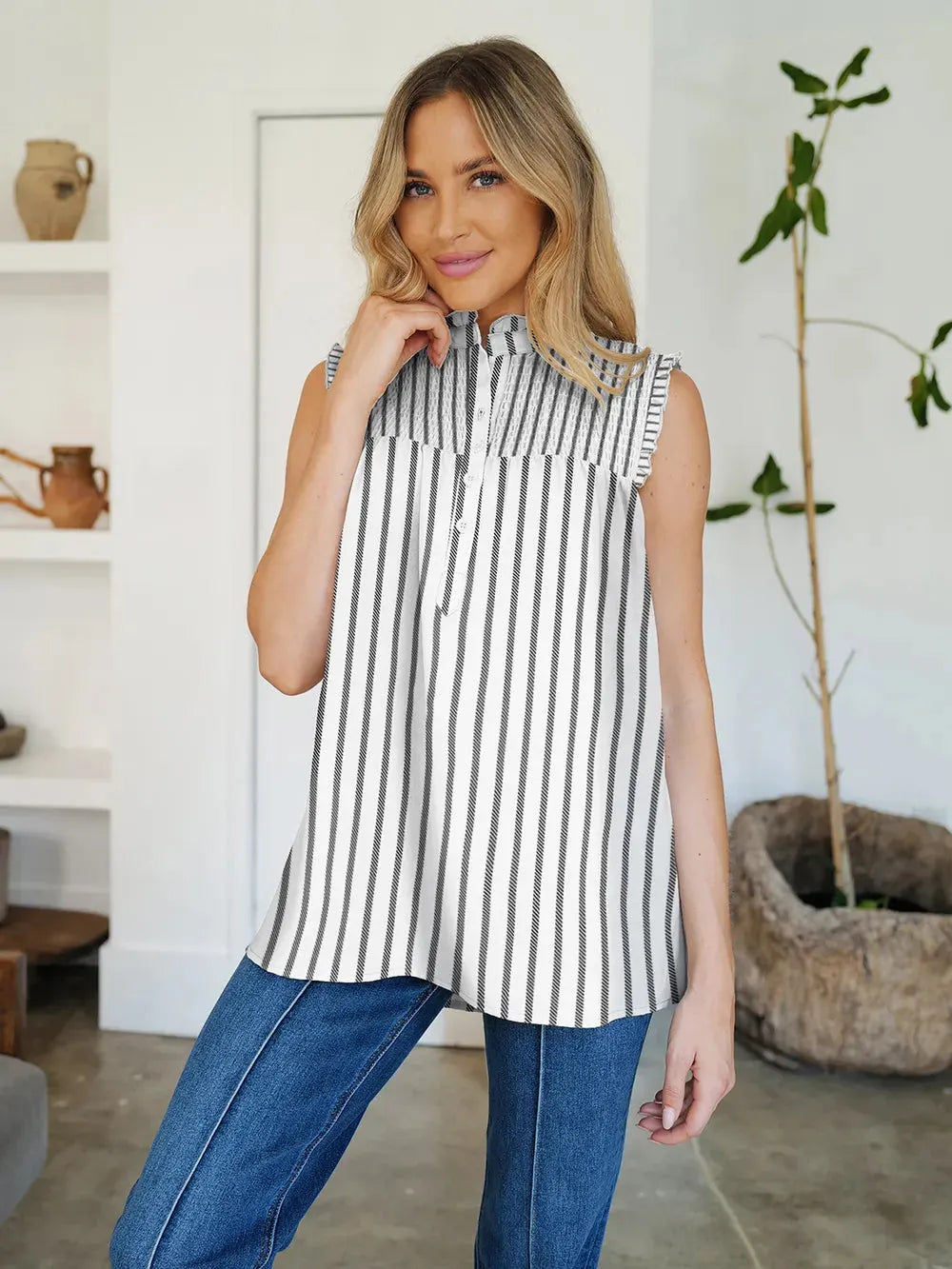 Blouse Top Casual Chic Striped Mock Neck Flowy Elegant