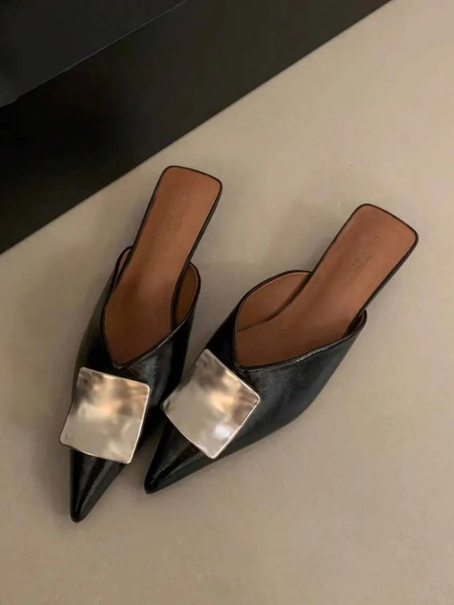 Elegant Pointed Toe Mule Sandals with Metal Buckle - Perfect for Fall-Winter 2025 Party Wear