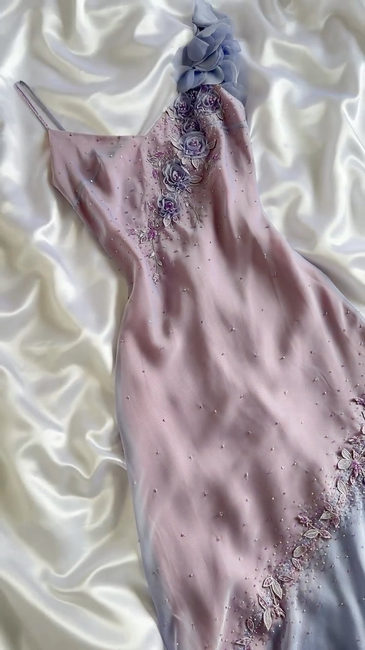 Ombre Floral Applique Midi Evening Dress