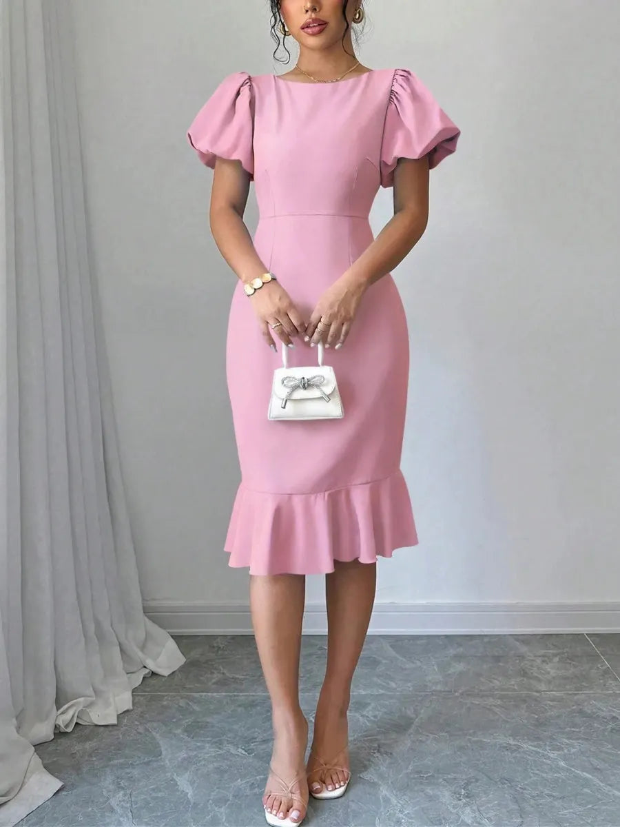 Round Neck Lantern Sleeve Ruffled Fishtail Midi Dress