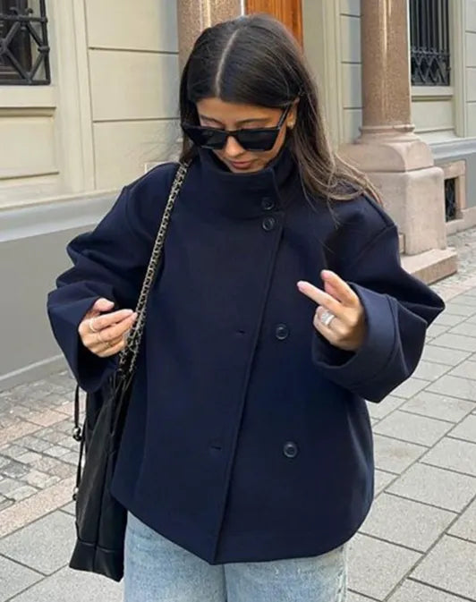 Double-Breasted Women's Peacoat in Wool Blend with Wide Sleeves