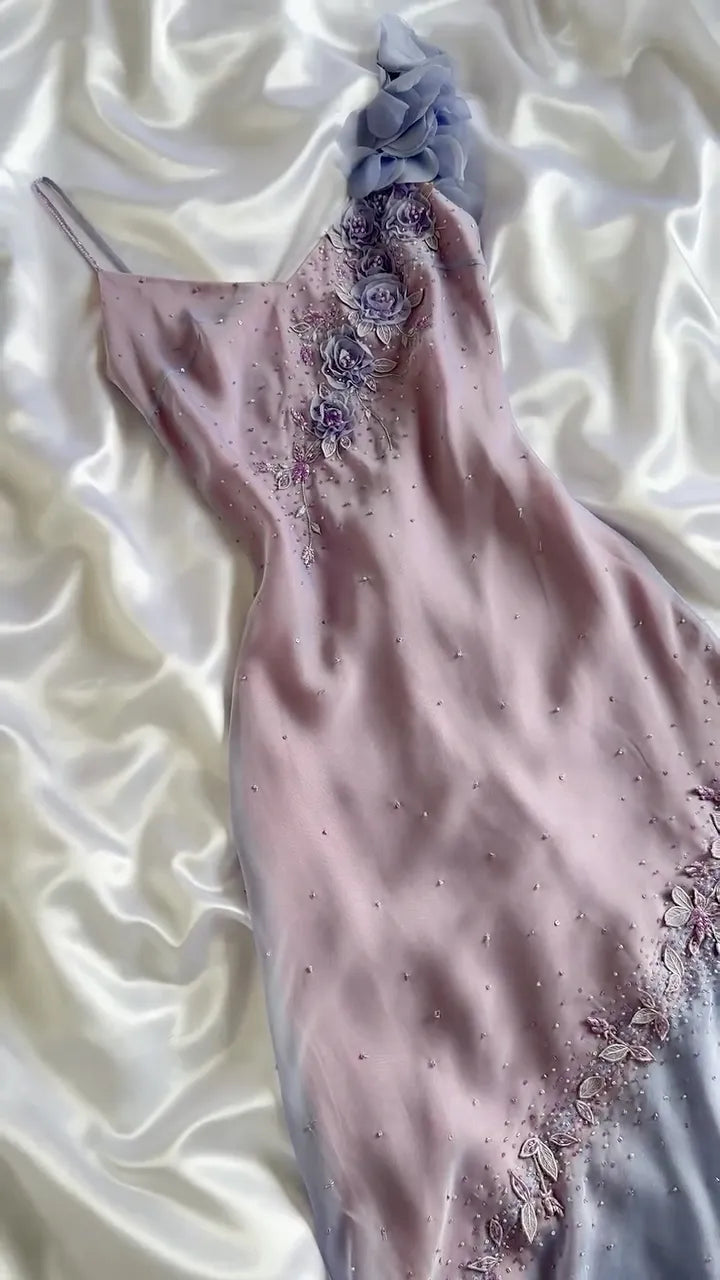 Ombre Floral Applique Midi Evening Dress