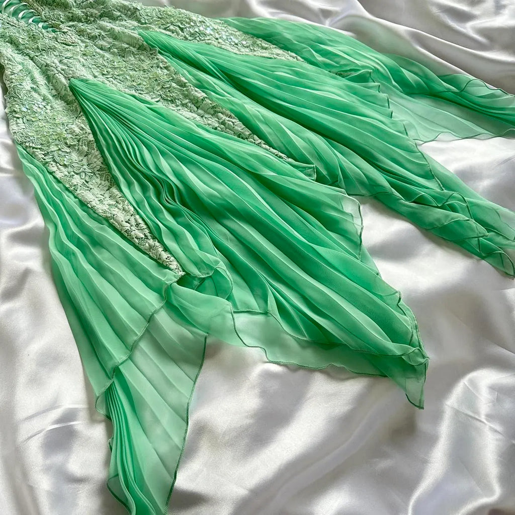 Mint Green Shiny Charming Stunning Unique Fashion Beautiful Elegant Delicate Lace Long Lace Sequin Fairy Ball Gown Evening Gown Birthday Party Gown Prom Gown