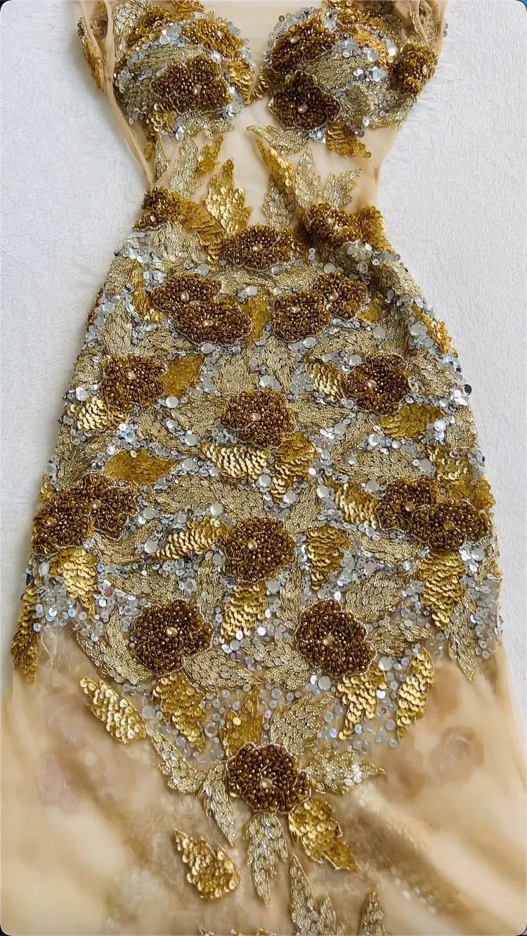 Champagne Gold Heavy Beaded Mermaid Gown, Luxurious Sequin D Floral Embellished Evening Dress