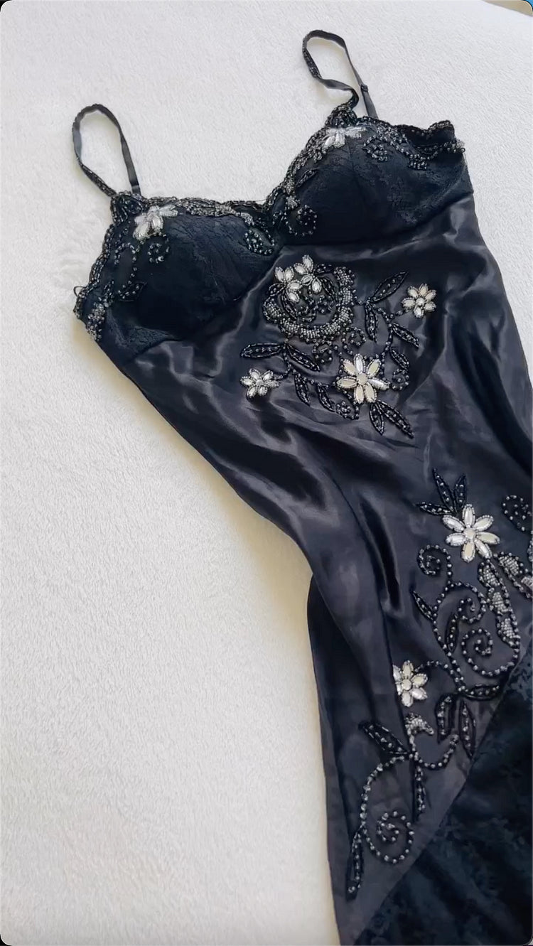 Black fashion vintage elegant exquisite floral beading spaetti straps Long/Short satin lace princess ball gown evening dress party dress prom dress homecoming dress