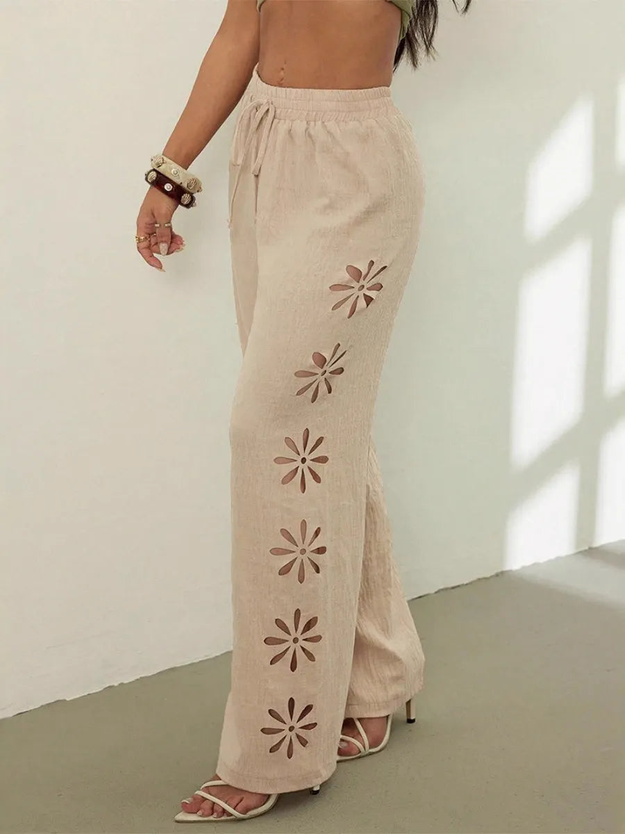 Minimalist Style Drawstring Hollow-out Solid Color Loose Wide-leg Trousers