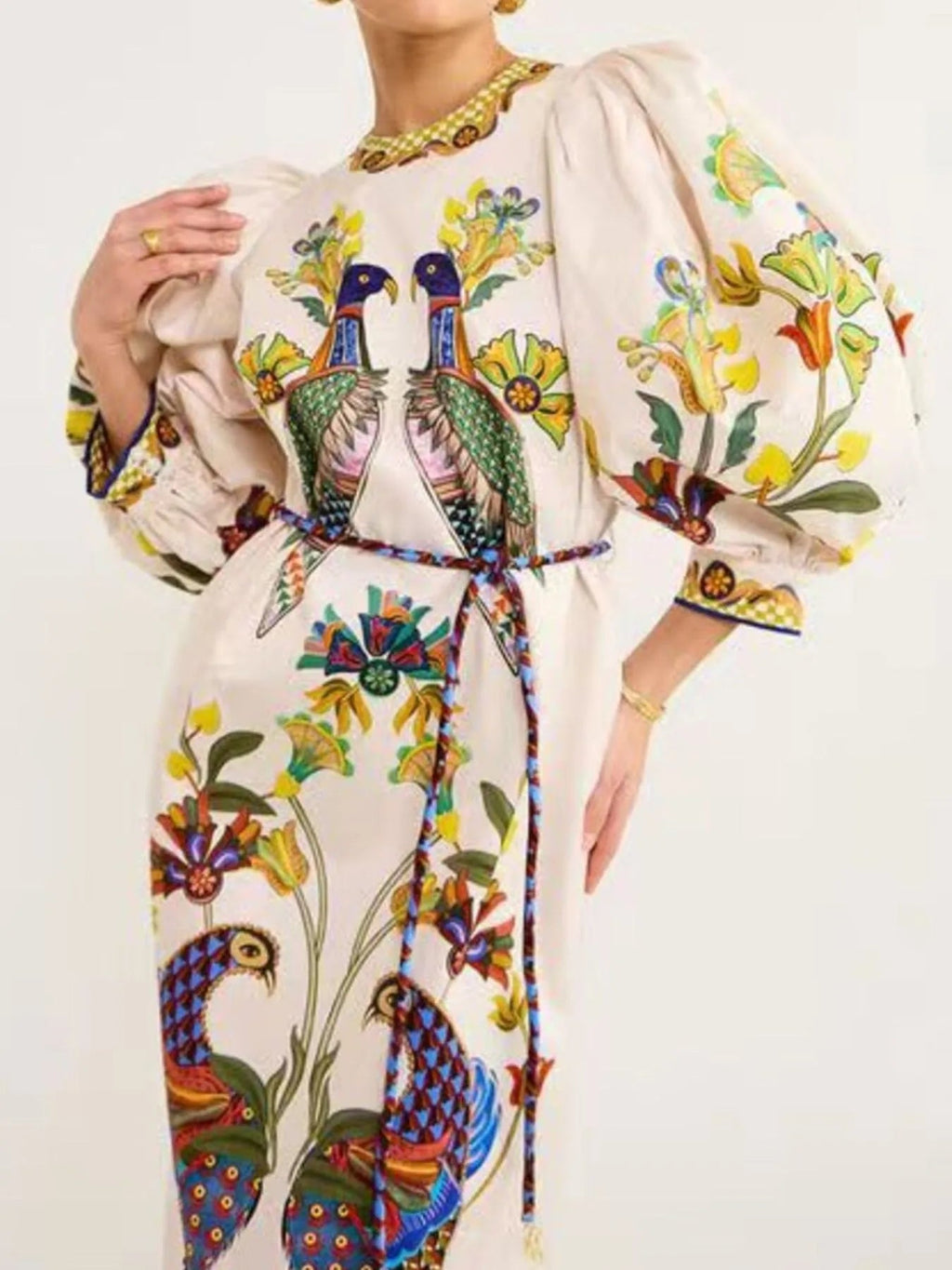 Printed Puff Sleeve Dress with Round Neck