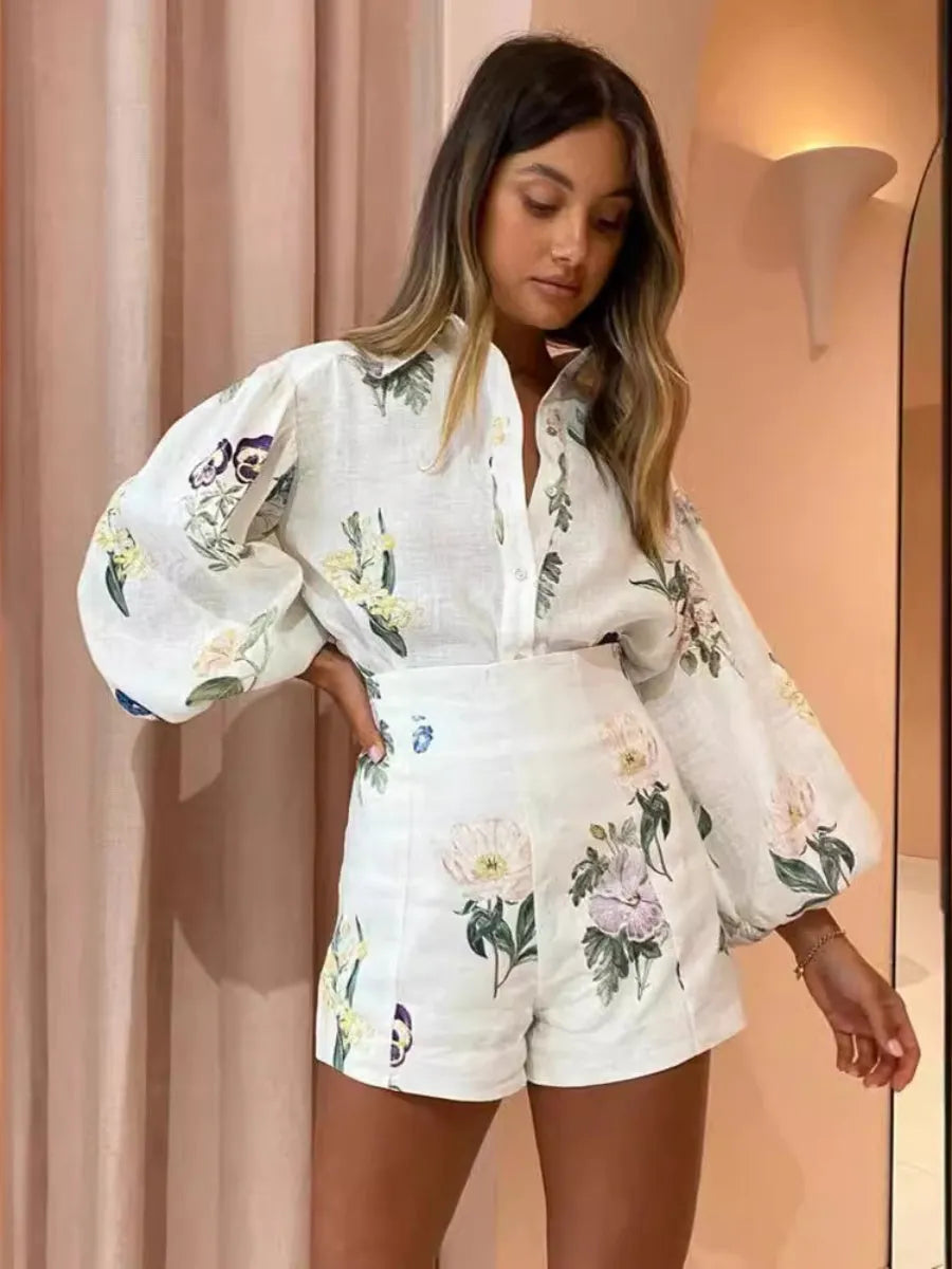 Floral Print High-waisted Shorts, Stylish And Elegant Linen Shirt, Casual Style 2-piece Sets