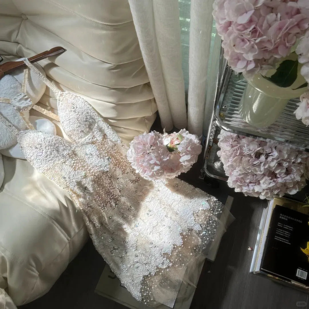 Ivory White Beaded Shiny Sequin Short Chiffon Homecoming Dress Prom Dress Party Dress