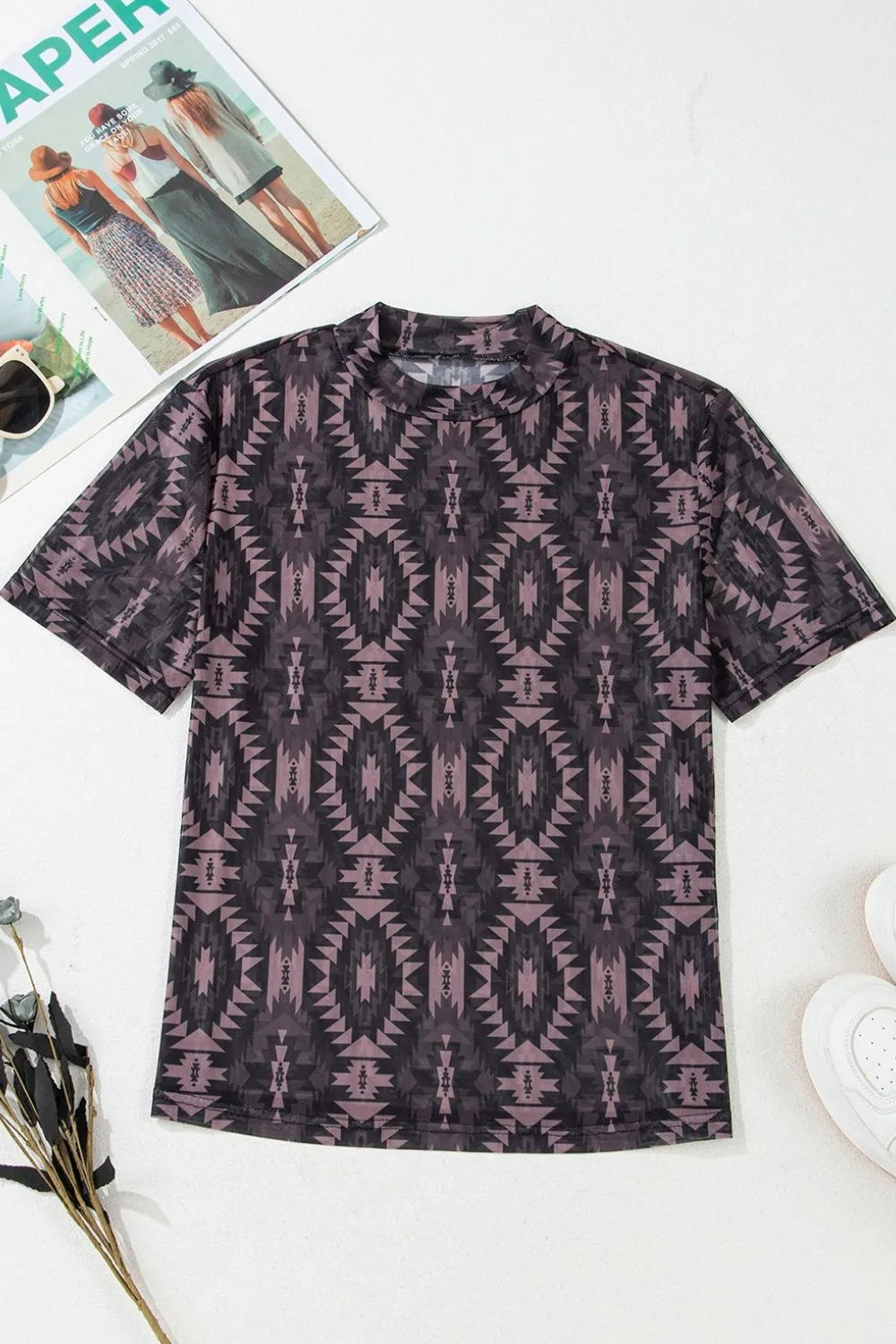 T-Shirt Geometric Print Mock Neck Casual Comfy Boho