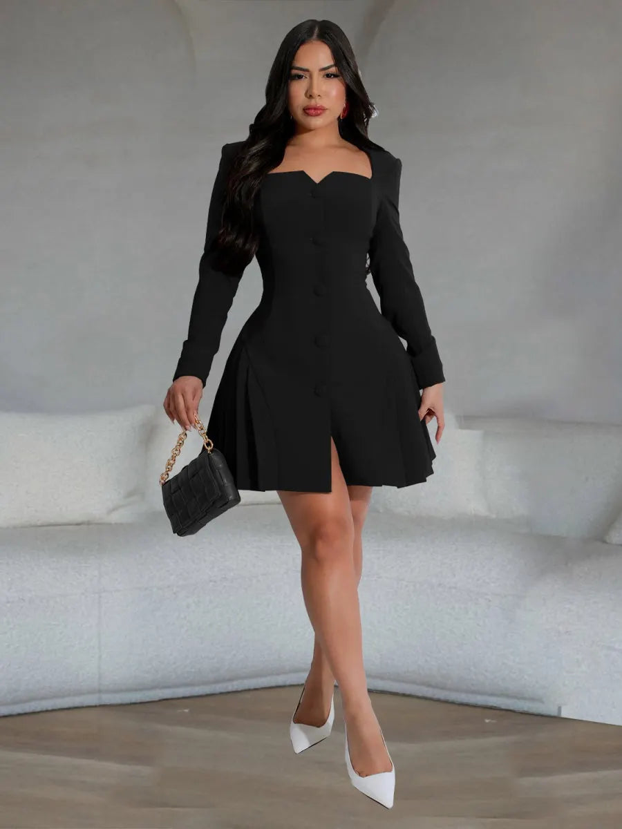 V-neck Button Big Swing Mini&Short Dresses
