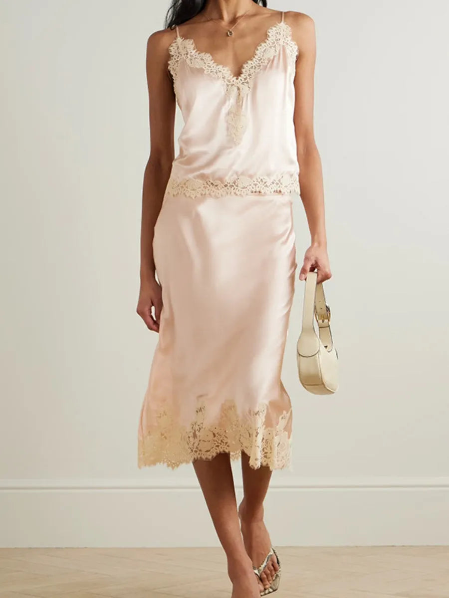 Lace Stitching Satin Camisoles Skirt 2-piece Sets