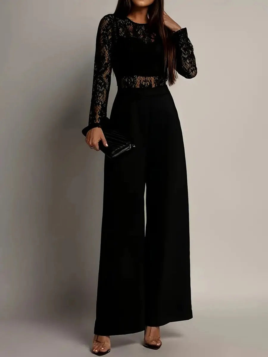Lace Stitching Perspective Long Sleeve Wide Leg Jumpsuits