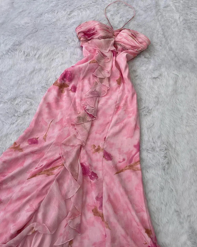 Pink Floral Gradient Halter Gown, Ruffled Rhinestone-Embellished Waist-Cinching Irregular Evening Dress