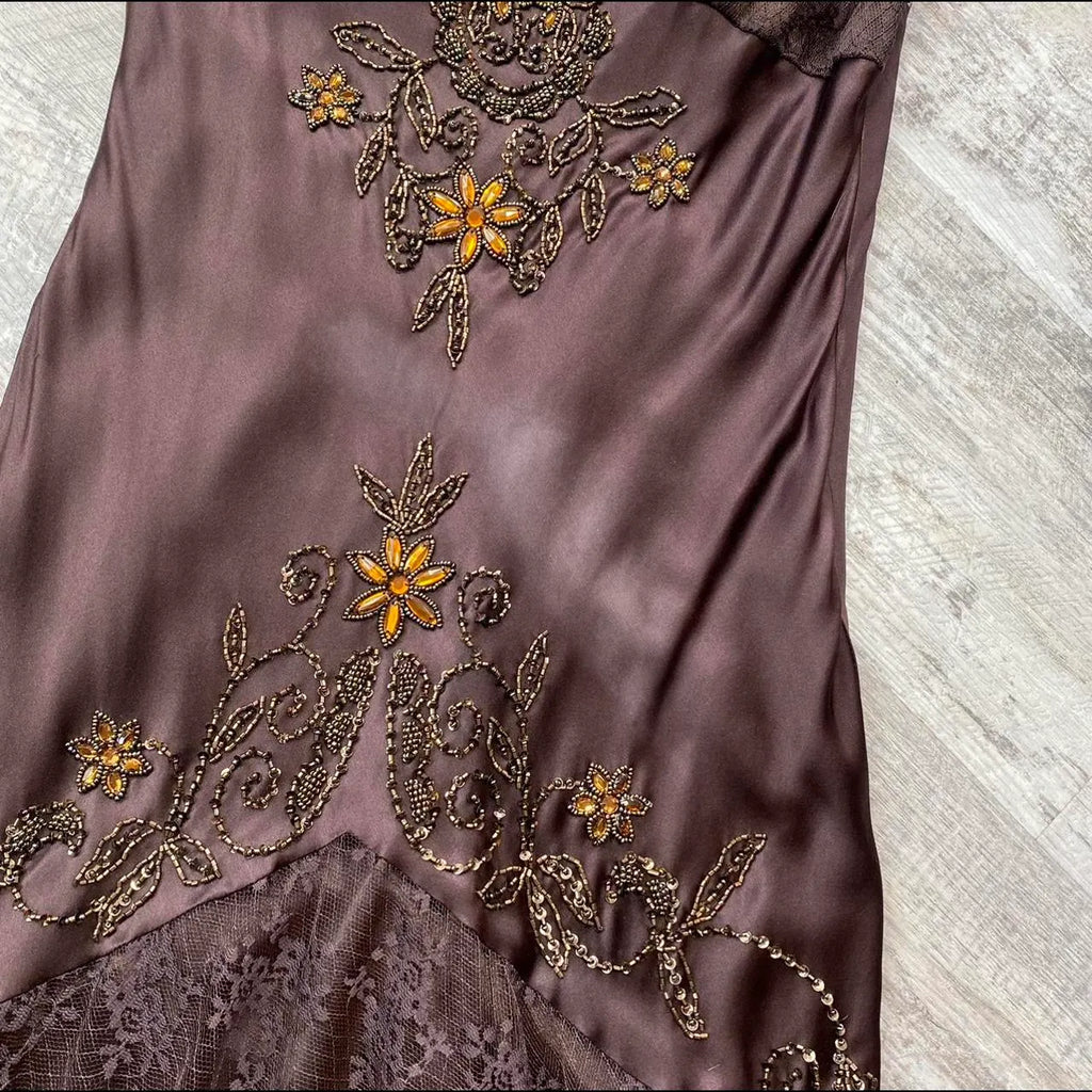 Brown Vintage Elegant Exquisite Floral Beading Spaetti Strap Long Satin Lace Ball Gown Evening Dress Birthday Party Dress Prom Dress