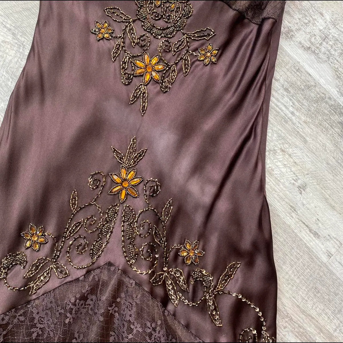 Brown Vintage Elegant Exquisite Floral Beading Spaetti Strap Long Satin Lace Ball Gown Evening Dress Birthday Party Dress Prom Dress