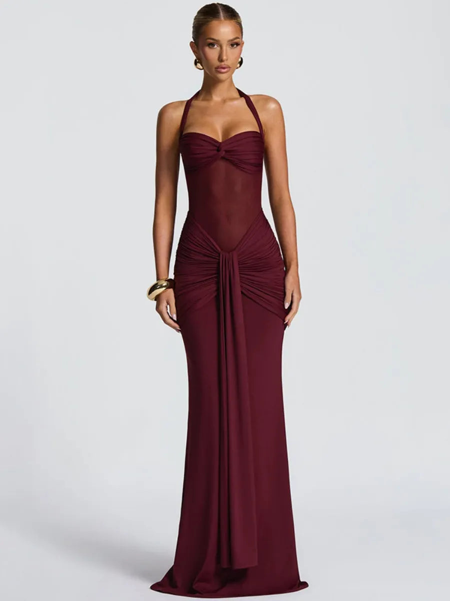 Neckband Lace Up Mesh Formal Dress Maxi Dresses