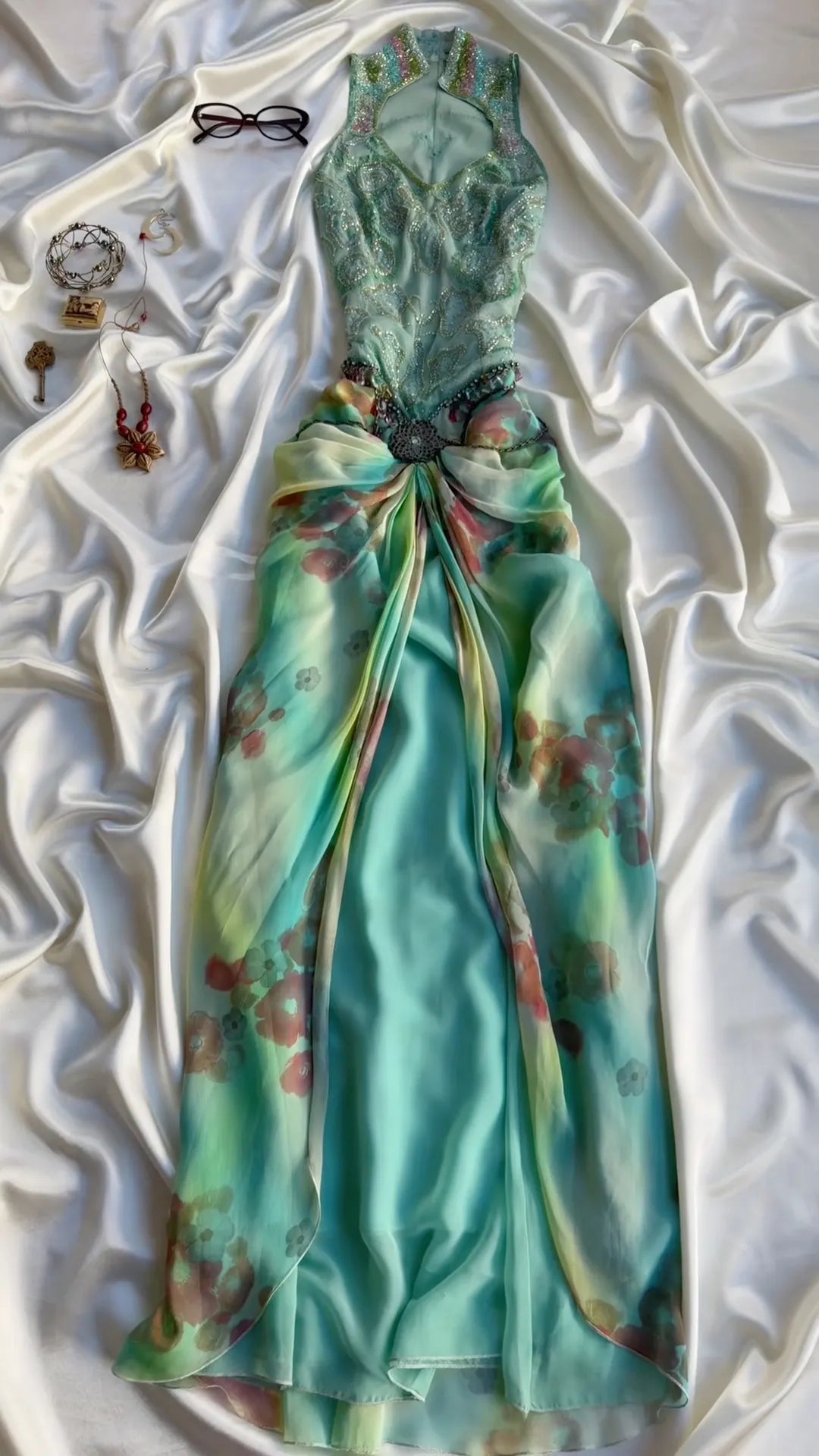 Beaded Floral Print Halter Evening Gown