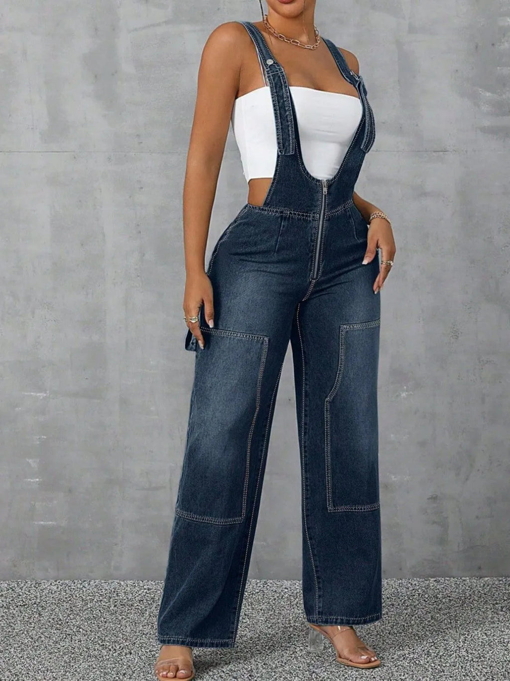 Zip Front Denim Overalls – Wide Strap Street Style