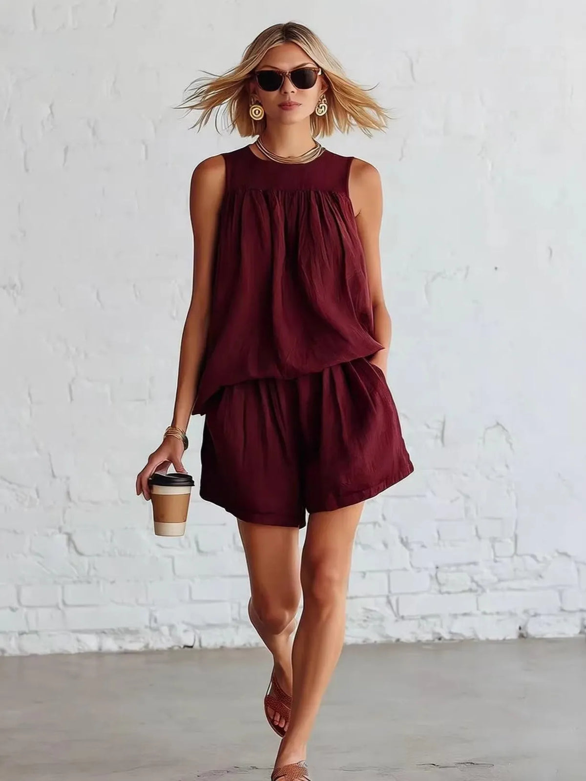Gathered Solid Color Two-piece Set