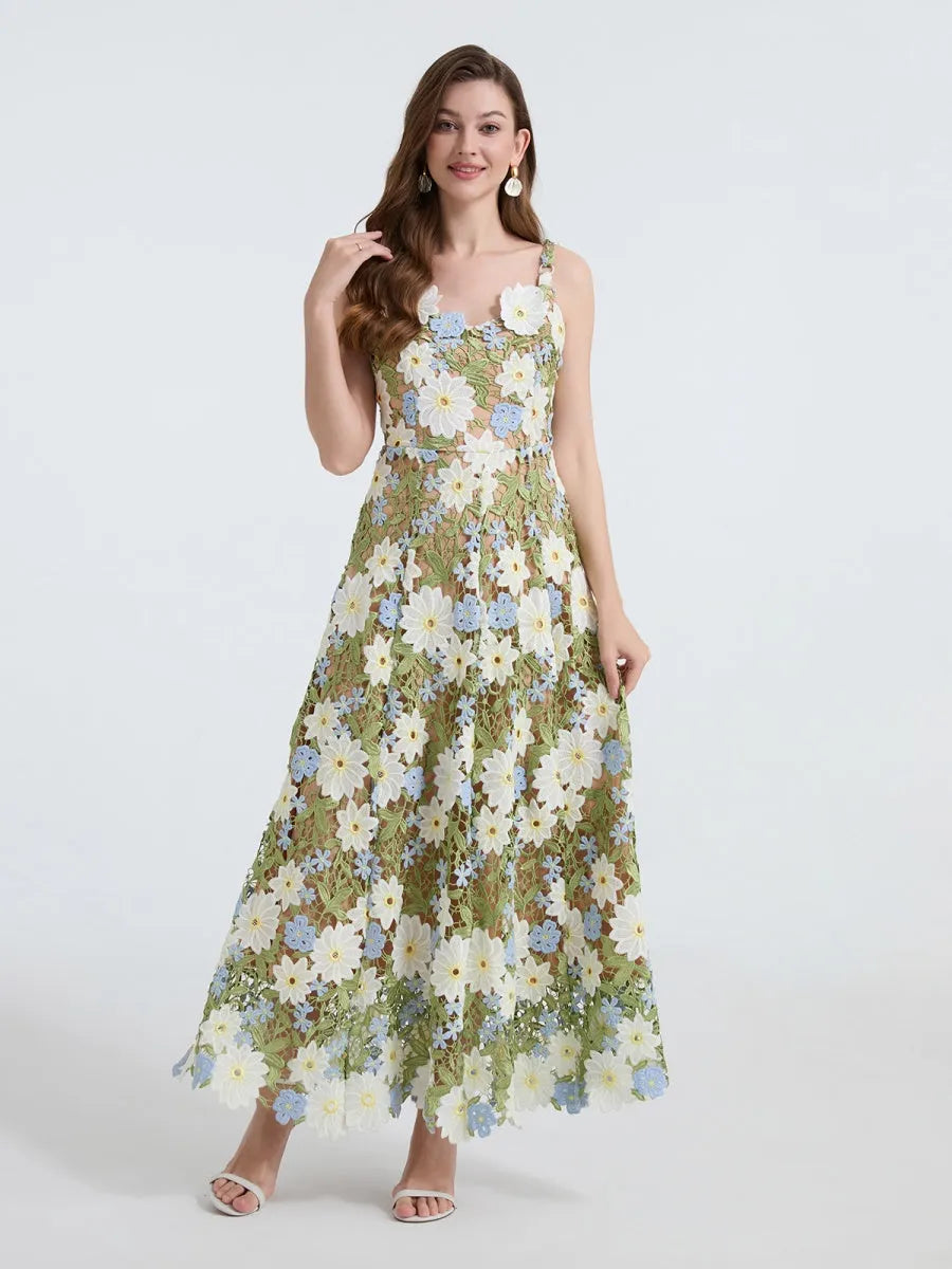 Lace Embroidery Spaghetti Strap Long Dress