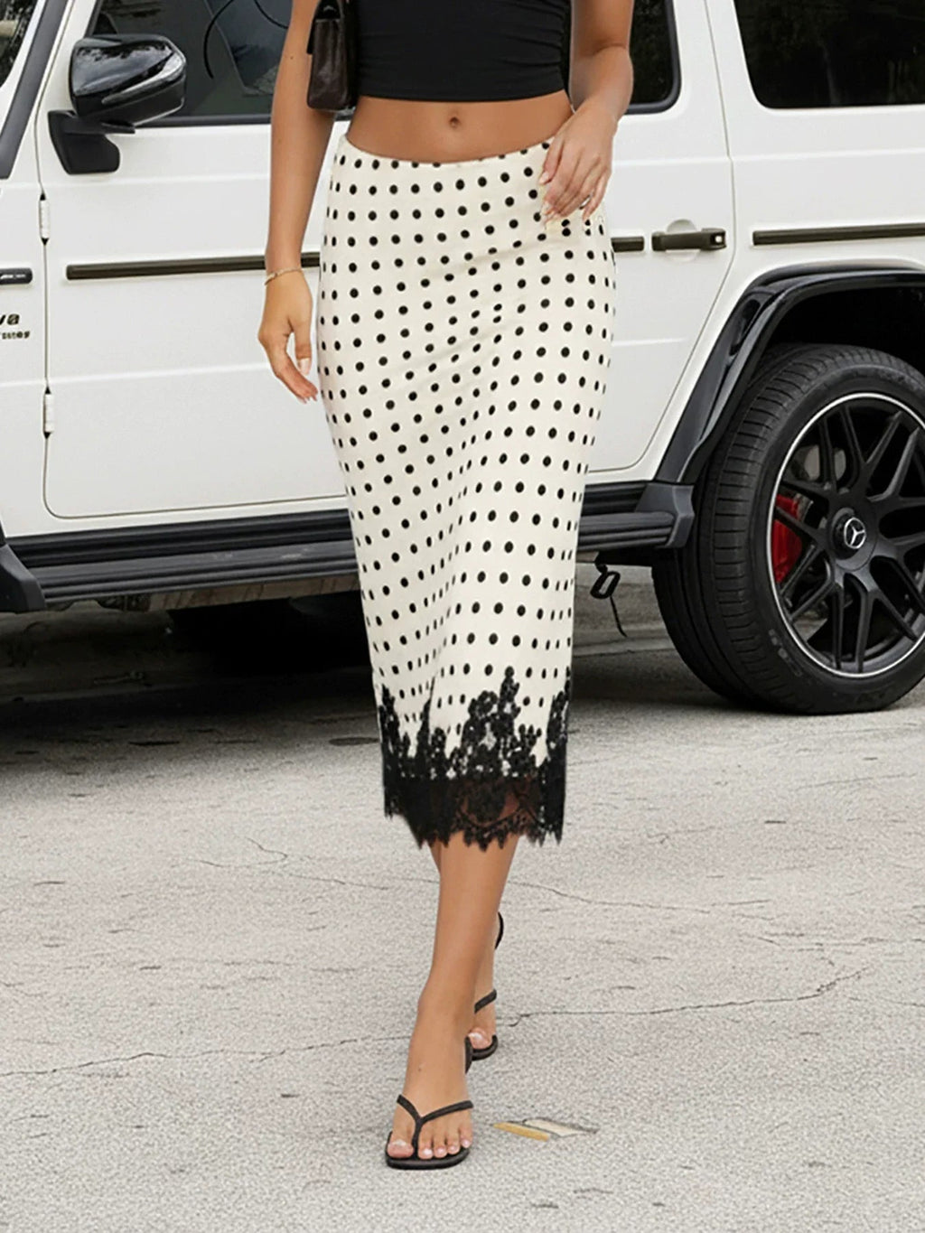 Kaislee Polka Dot Lace Midi Skirt