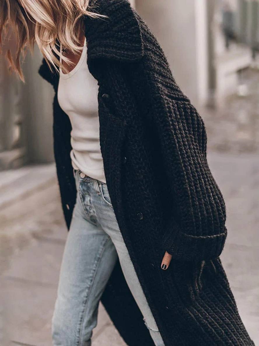 Knitted Oversized Long Cardigan with Buttons and Pockets for Women