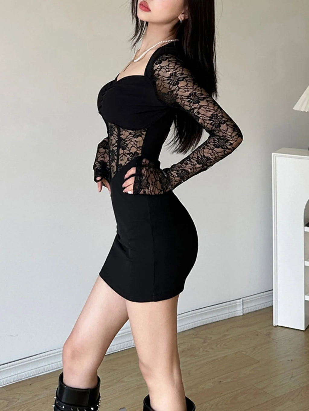 Lace Patchwork Perspective Pleated Hip Wrap Mini&Short Dresses
