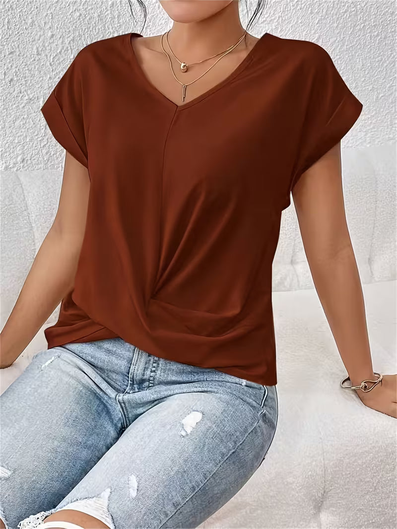Breathable Elegant Women's Top with V-Neck and Twisted Detail