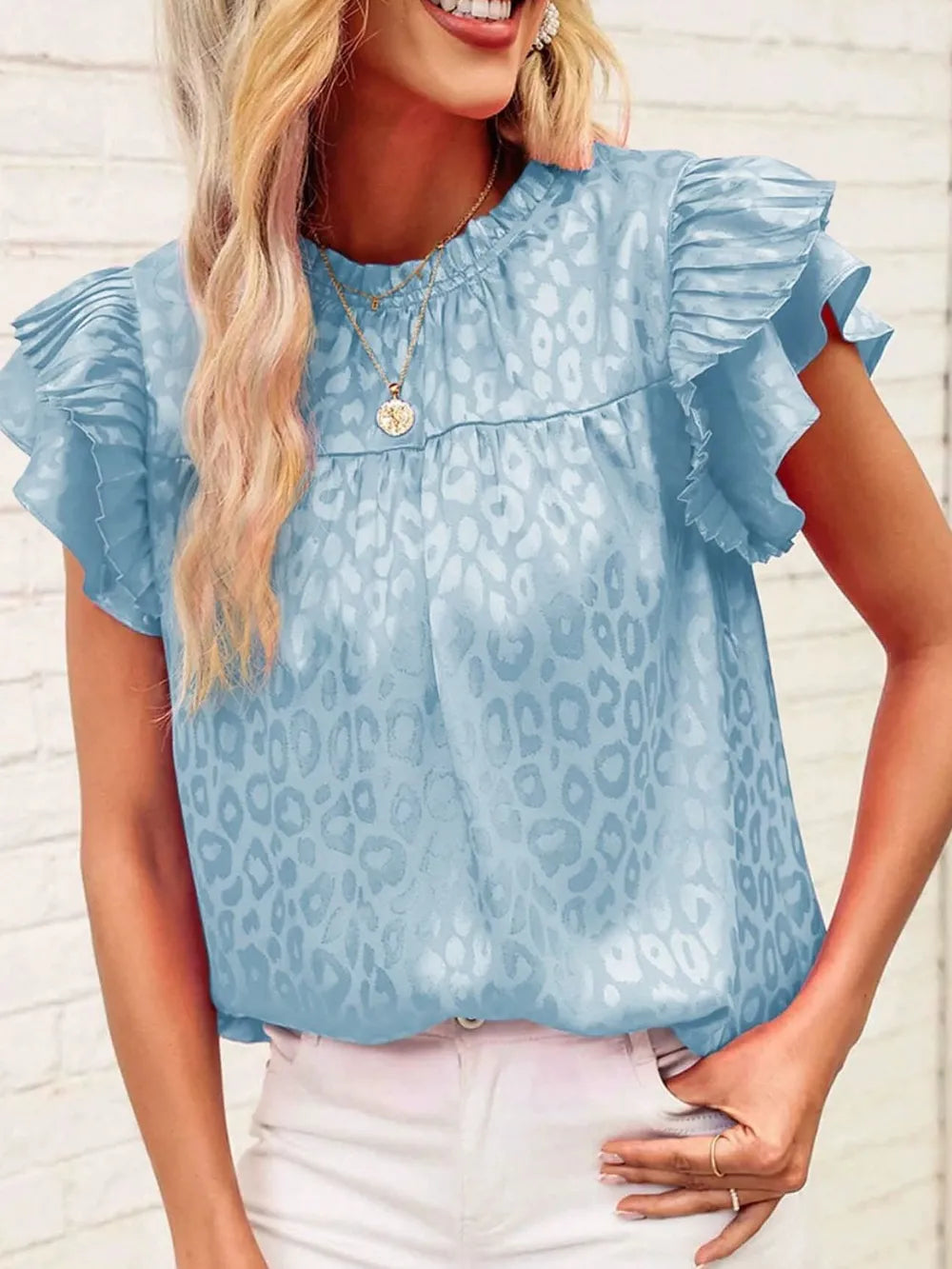 Blouse Top Leopard Print Ruffled Cap Sleeve Versatile