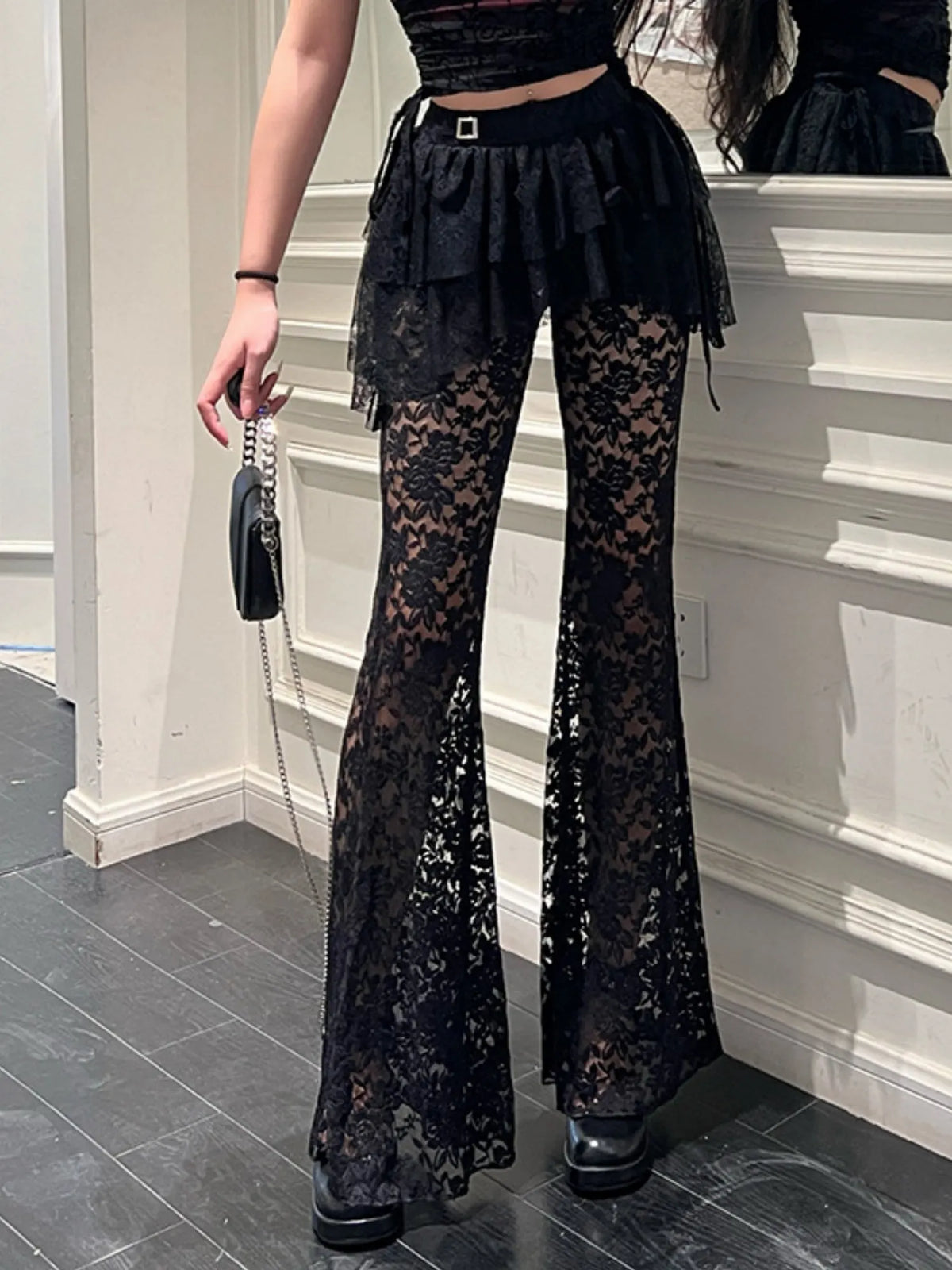 Y2K Lace Patchwork Hollowed-out Perspective High-waisted Flared Pants Slimming Pants