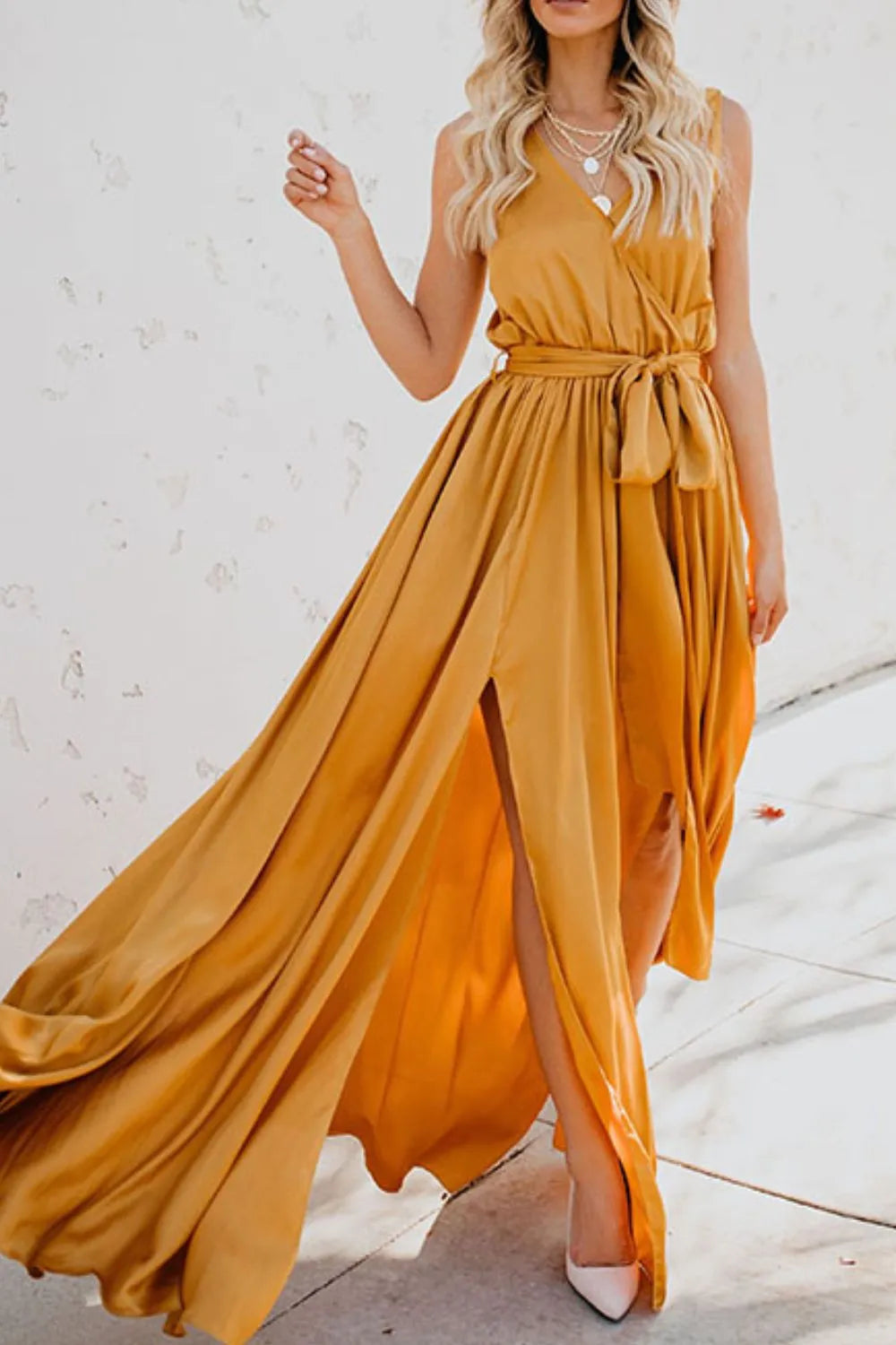 Maxi Dress Surplice Neck Tie Waist Elegant Side Slit Summer