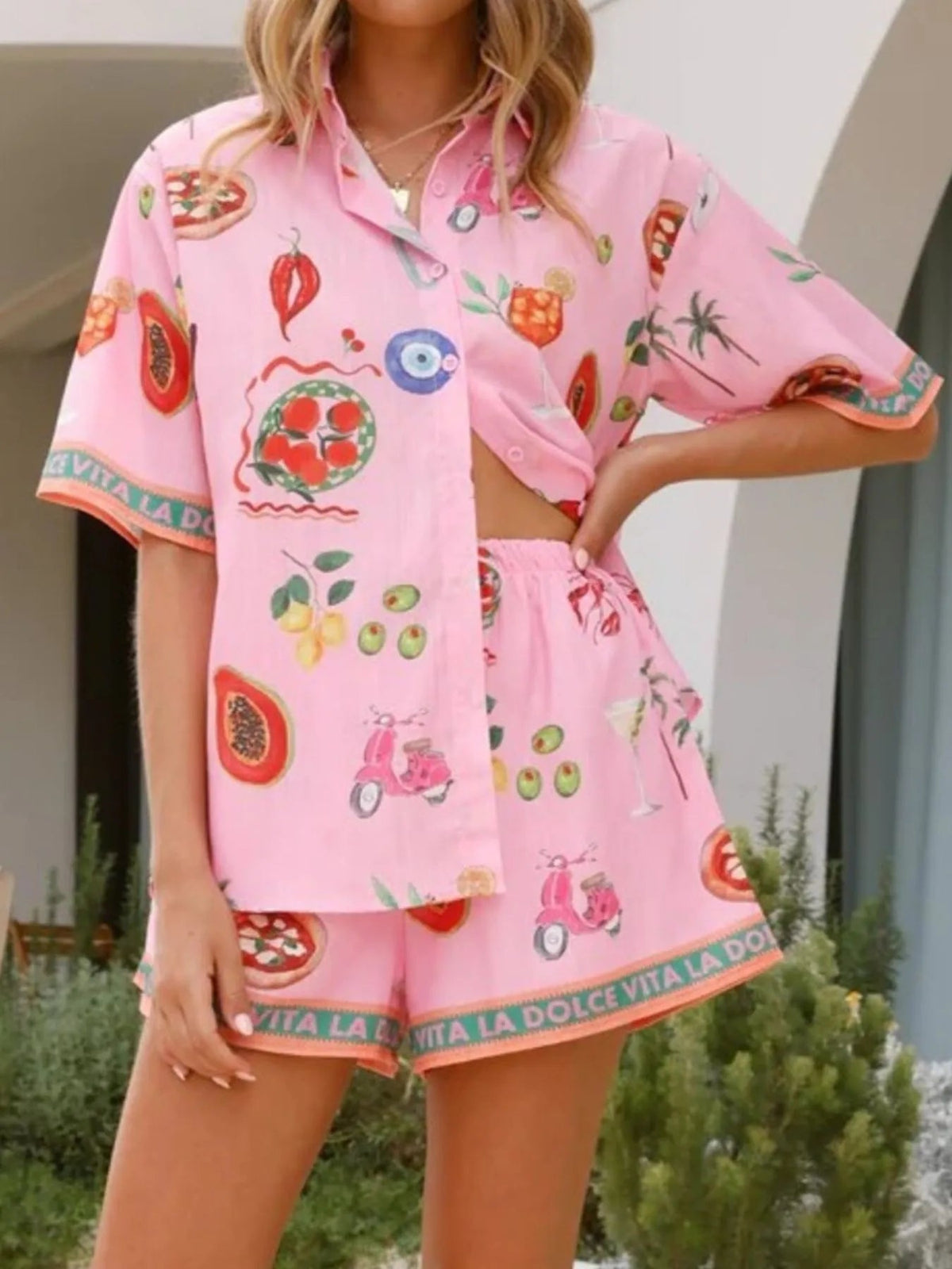 Two-Piece Outfit Set Summer Casual Button Up Shirt & Shorts