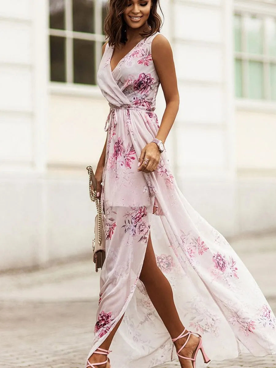 Wrap-up V-neck Bandage Slit Vacation And Leisure Maxi Dresses