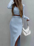 Knitting Long Sleeve T-shirts Skirts Slits Bodycon Dress 2-piece Sets