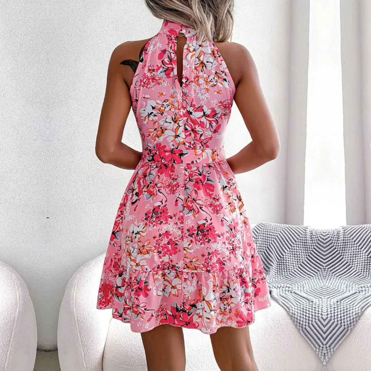 Tessy - Women's Mini Floral Dress with Halter Neck