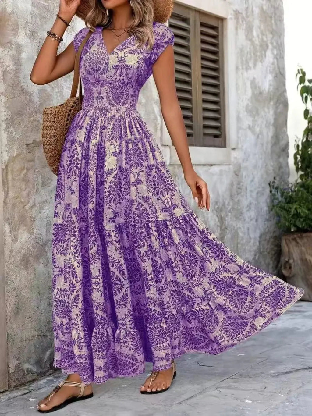 Maxi Dress Boho Floral Tropical Cap Sleeves Summer Style