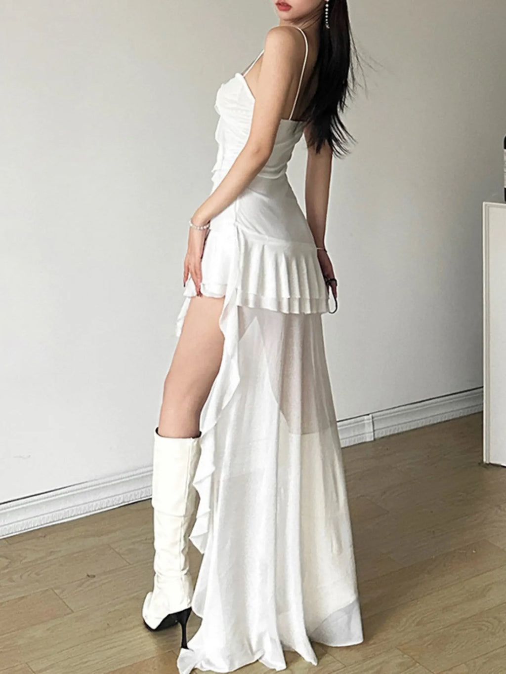 Mesh Ruffle Irregular Hem Camisoles Mini&Short Dresses