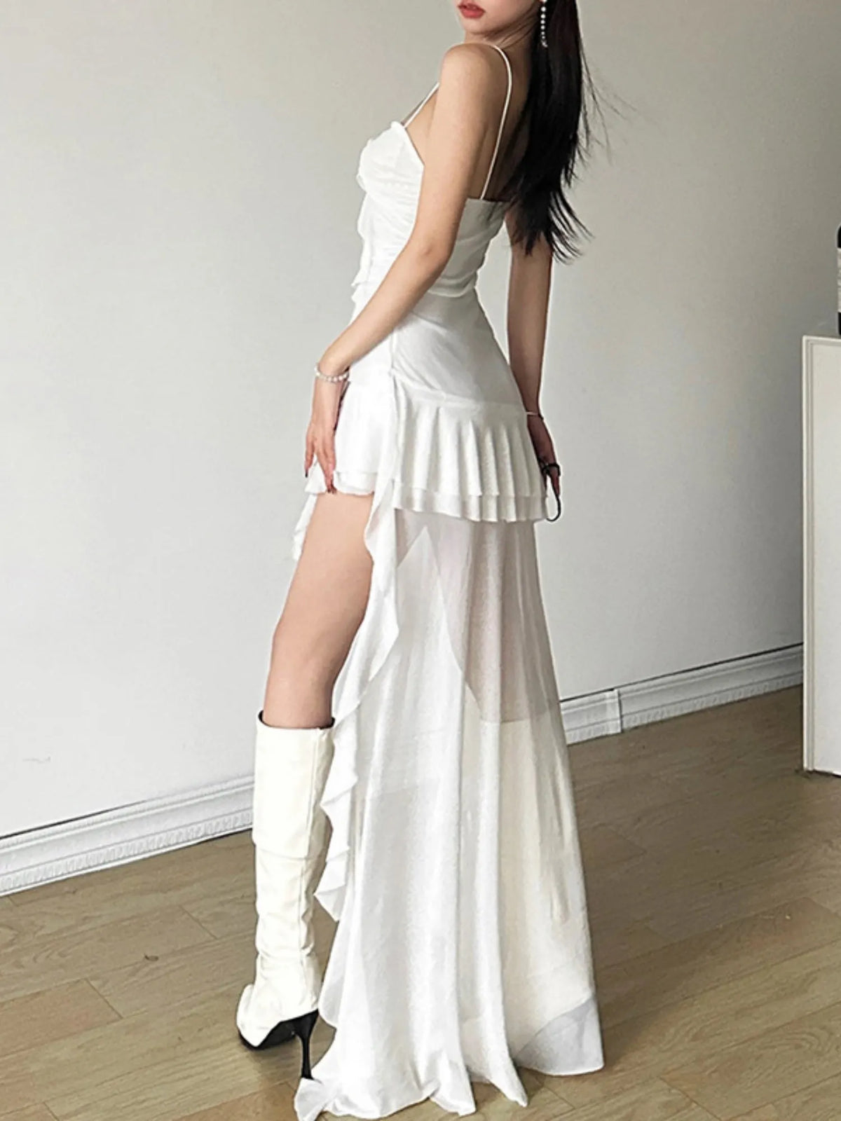 Mesh Ruffle Irregular Hem Camisoles Mini&Short Dresses