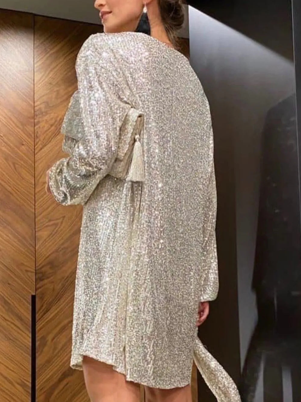 Shift Mini Dress Sequin Tie Waist Elegant Party Cocktail
