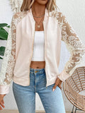Jacket Baseball Collar Lace Detail Zip Up Casual Trendy