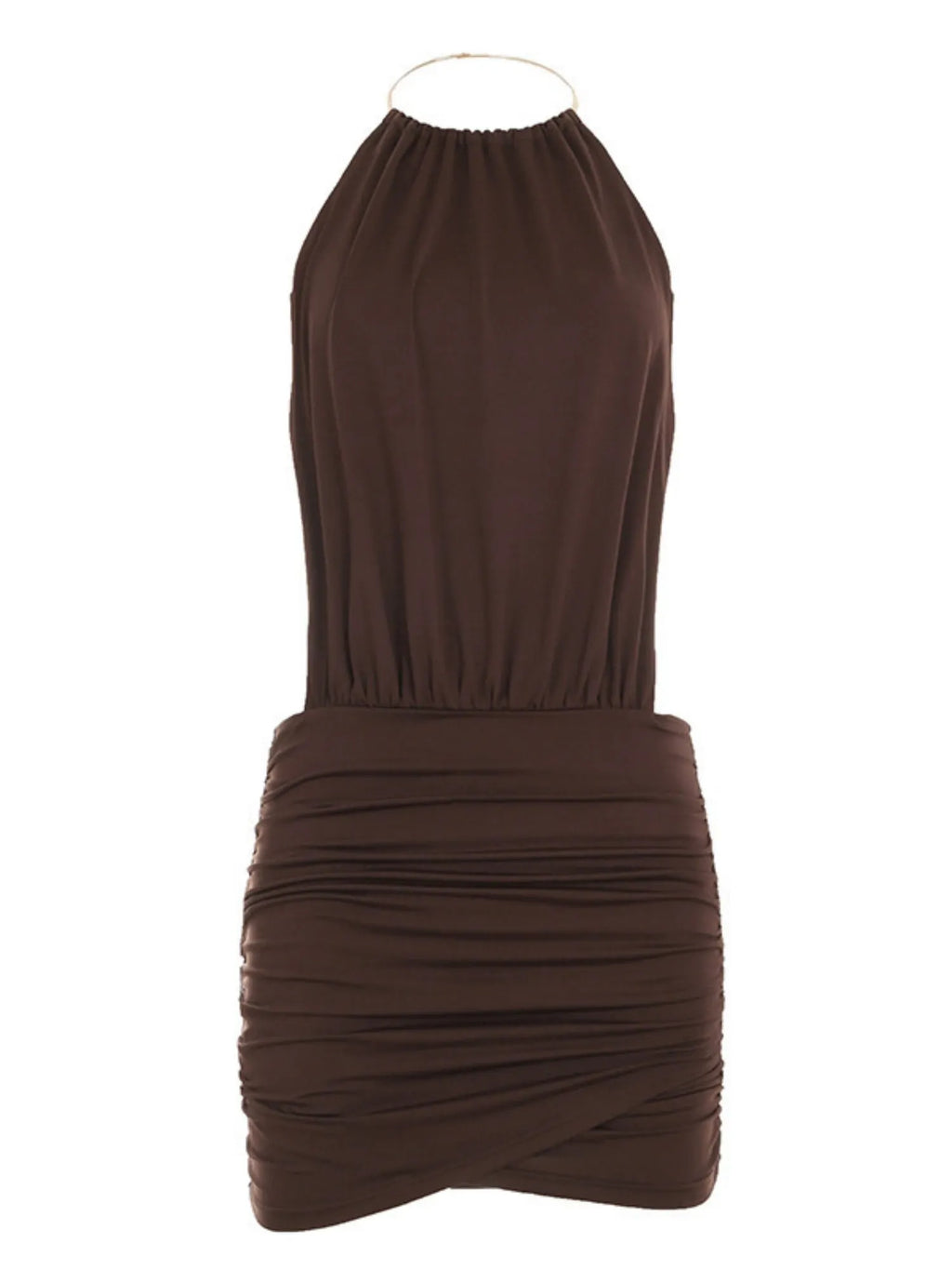 Metal Ring Halter-neck Sleeveless Backless Splicing Hip Wrap Mini&Short Dresses