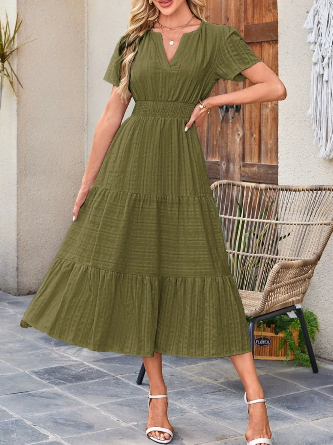 Midi Dress Chic Unlined Comfort Tiered Pocketed Casual