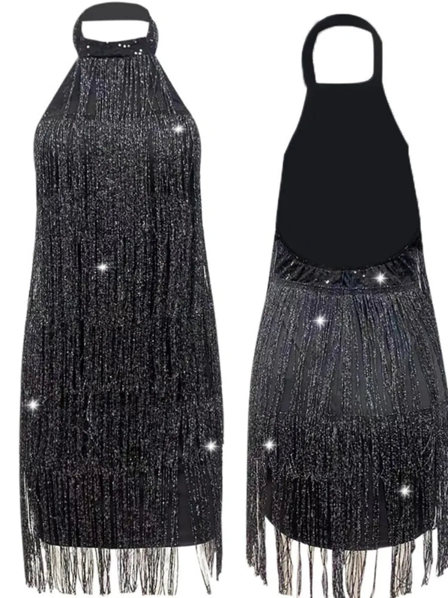 Black Tassel Flash Halter Sleeveless Mini&Short Dresses