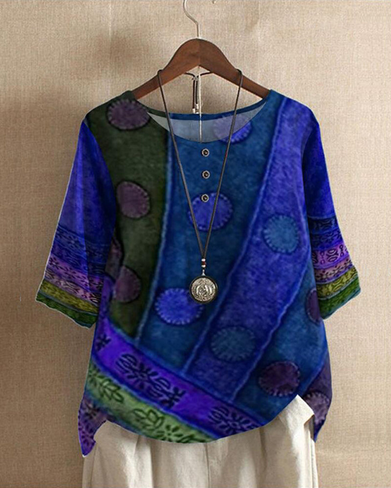 Boho Blouse with Print and Three-Quarter Sleeves
