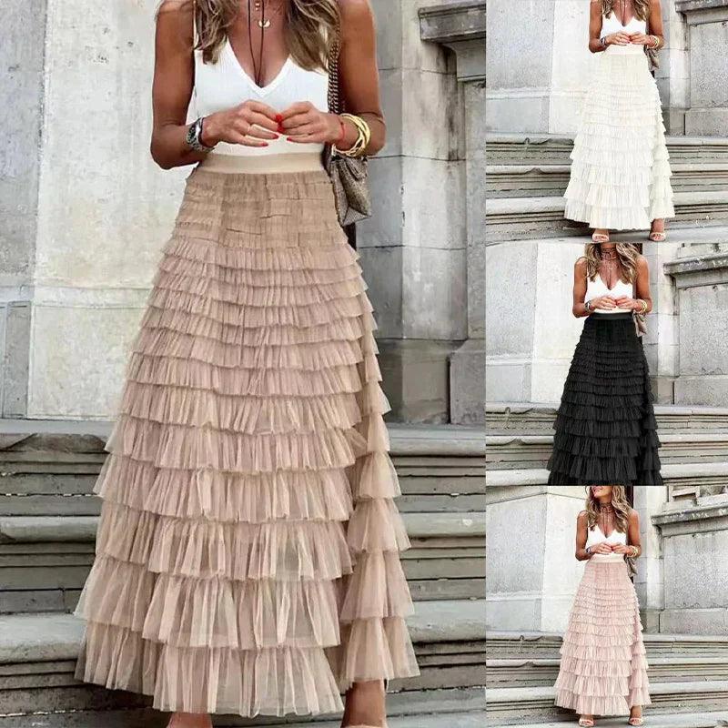 Women's Romantic Tulle Maxi Skirt with Ruffles and Elastic Waist