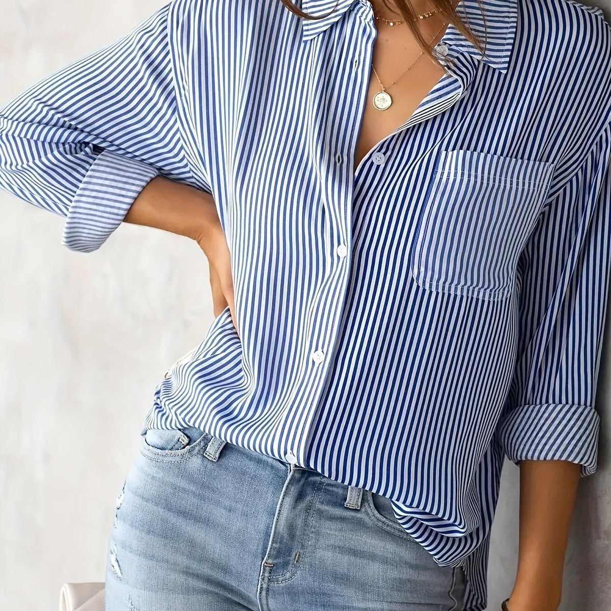 Chic Women's Striped Blouse with Collar and Button Closure