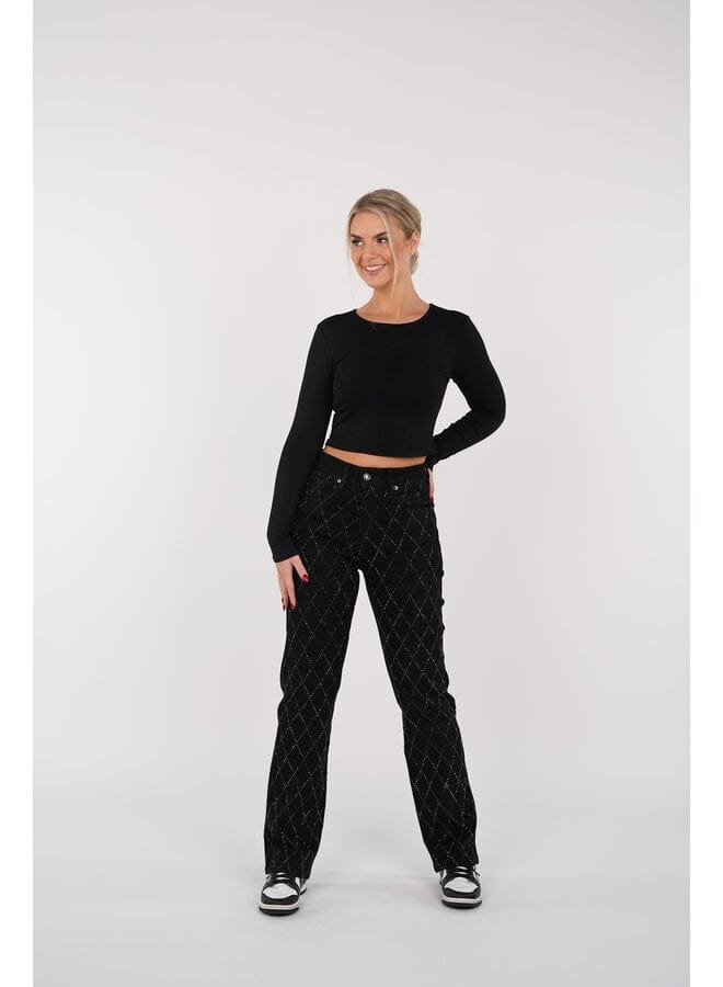 Women's High Waist Straight Leg Jeans with Rhinestone Plaid Pattern