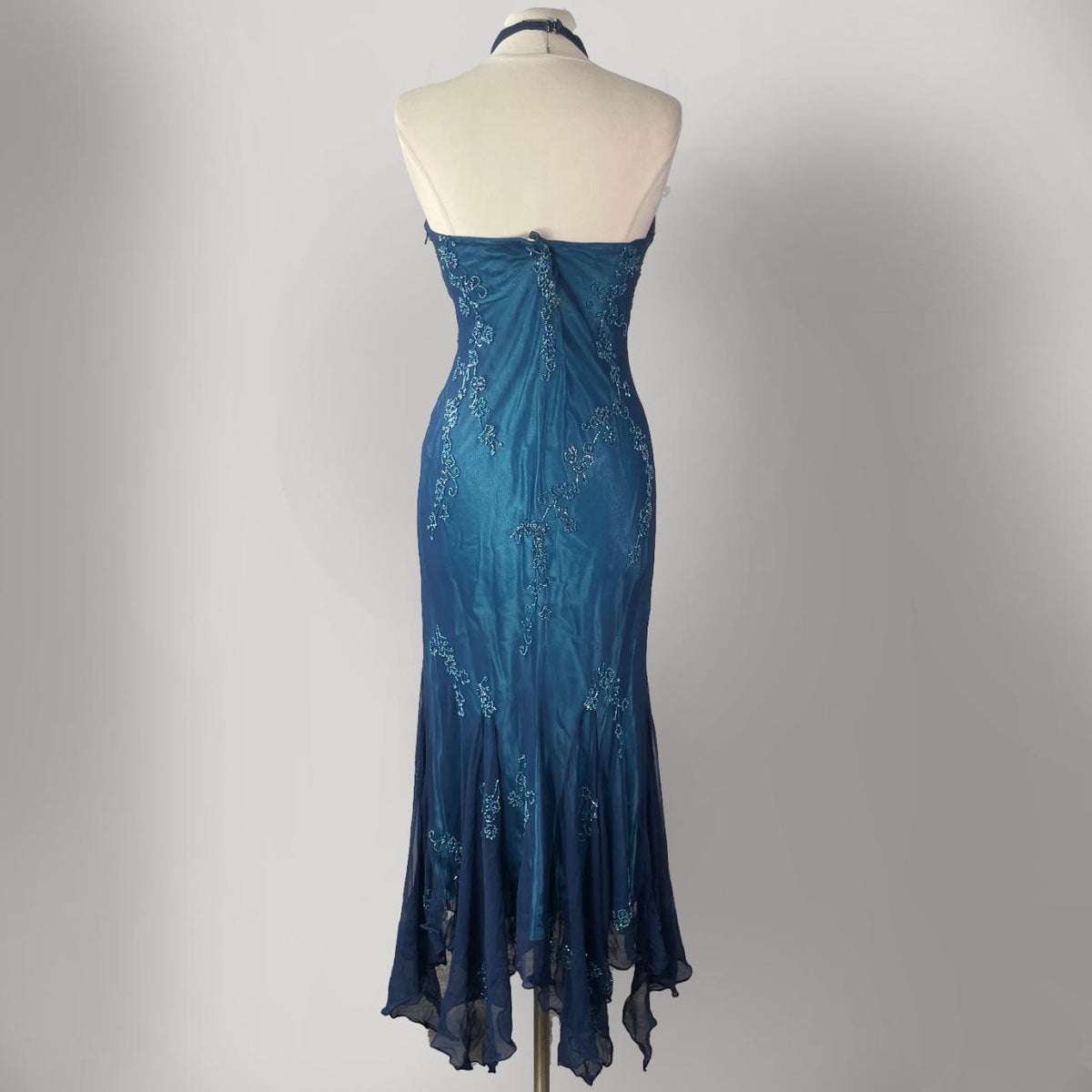 Dark Blue Fairy Mermaid Beaded Long Chiffon Formal Prom Evening Dress Wedding Guest Party Gown Dress Greek Halter Neck